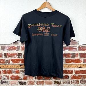 Vintage Motorcycle Rally Shirt Size Small Black Short Sleeve Skeleton Flames Y2K